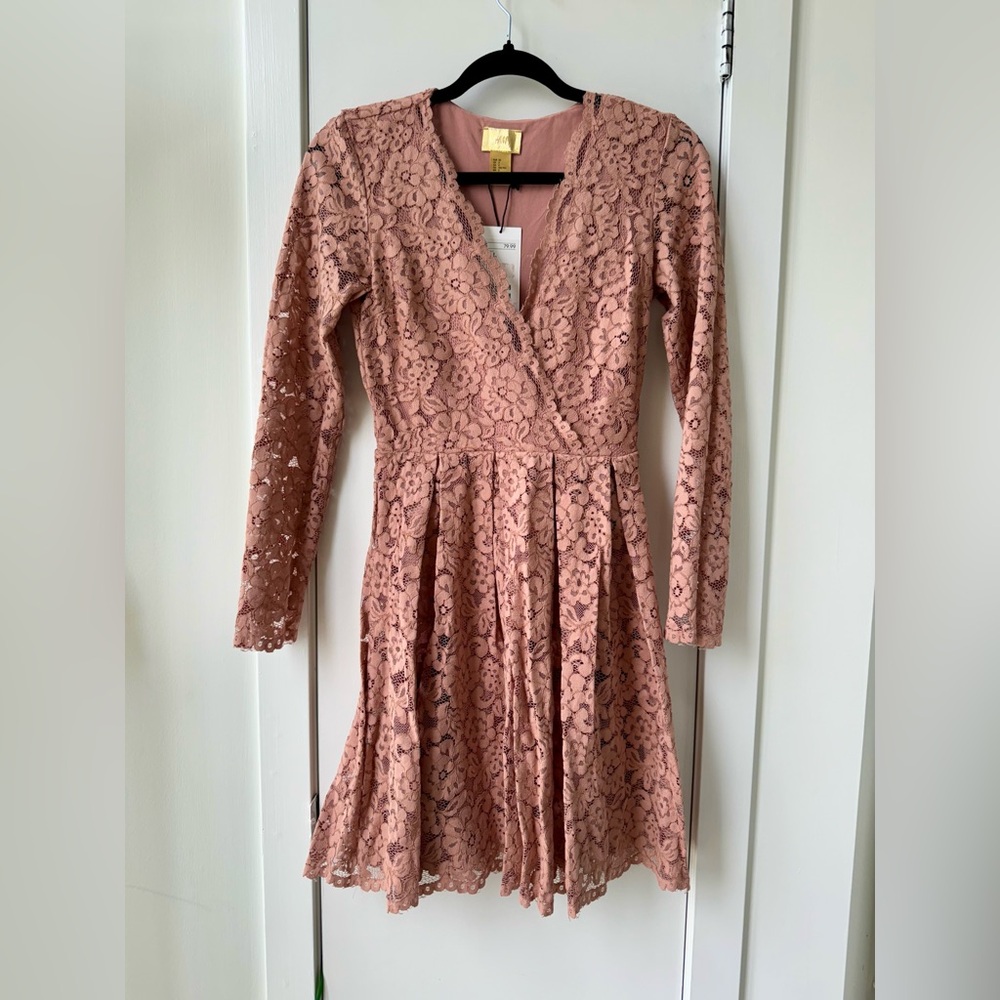Dusty rose pink wrap style lace fit and flare H&M dress